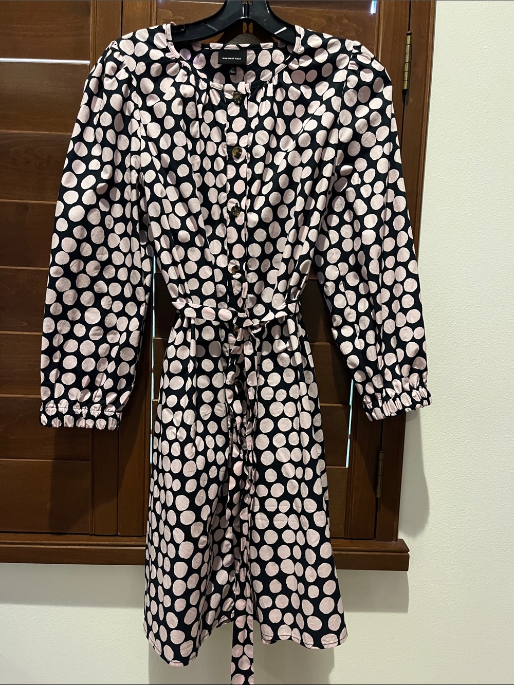 Who What Wear Black and Pink Polka Dot Tie-Waist Long Sleeve Dress Sz Med.